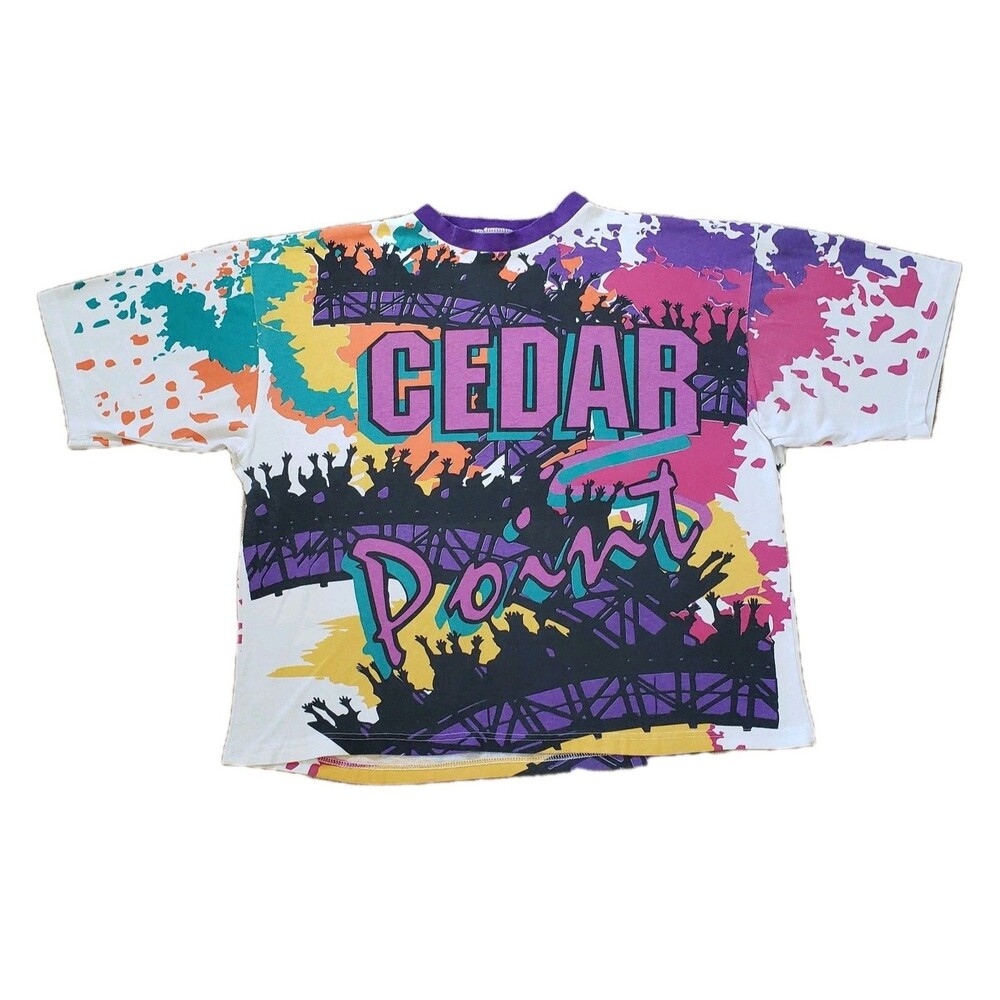 Vintage 90s Cedar Point Rollercoaster Sz XL BOXY Mens All Over Print T-Shirt AOP